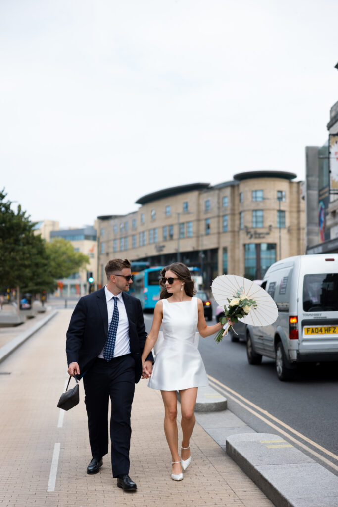 Intimate Liverpool elopement with Gen Z couple – city chic civil wedding at St George's Hall with editorial fashion forward photography by Ivana King
