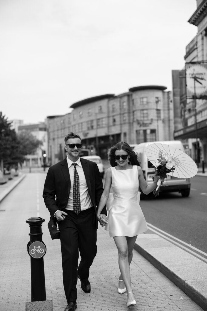 Intimate Liverpool elopement with Gen Z couple – city chic civil wedding at St George's Hall with editorial fashion forward photography by Ivana King