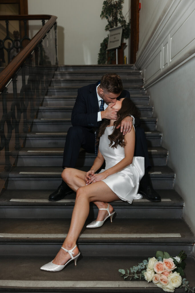 Intimate Liverpool elopement with Gen Z couple – city chic civil wedding at St George's Hall with editorial fashion forward photography by Ivana King