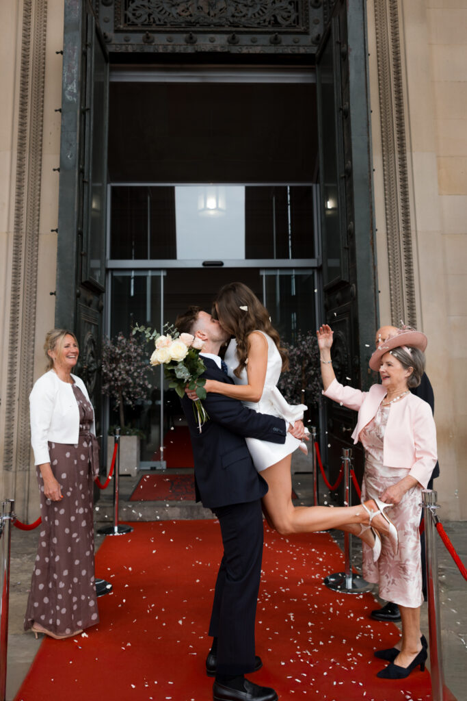 Intimate Liverpool elopement with Gen Z couple – city chic civil wedding at St George's Hall with editorial fashion forward photography by Ivana King