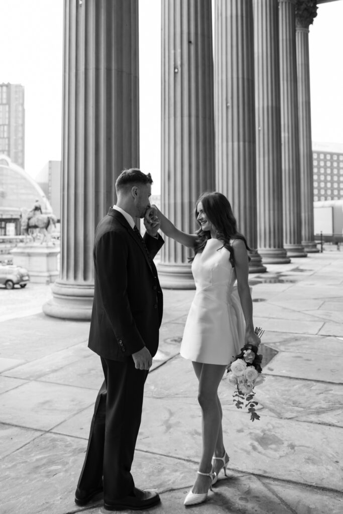 Intimate Liverpool elopement with Gen Z couple – city chic civil wedding at St George's Hall with editorial fashion forward photography by Ivana King