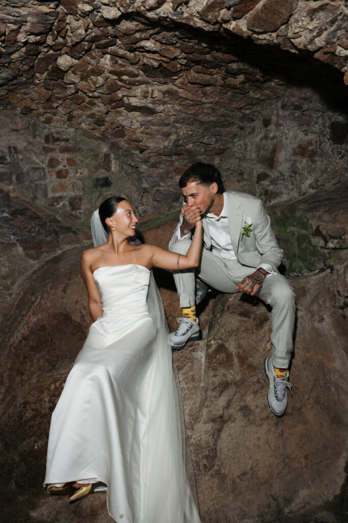 editorial wedding photographer at Gorey castle month Orgueil castle jersey Channel Islands, editorial couple portraits