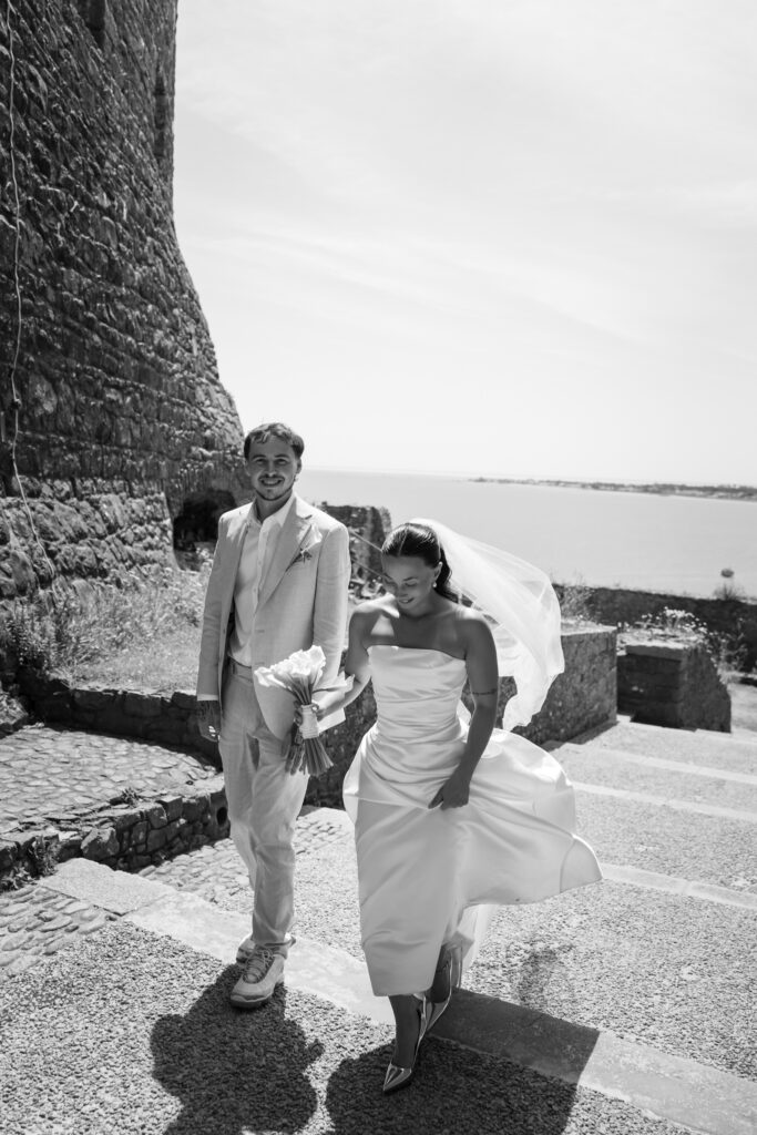editorial wedding photographer at Gorey castle month Orgueil castle jersey Channel Islands, editorial couple portraits