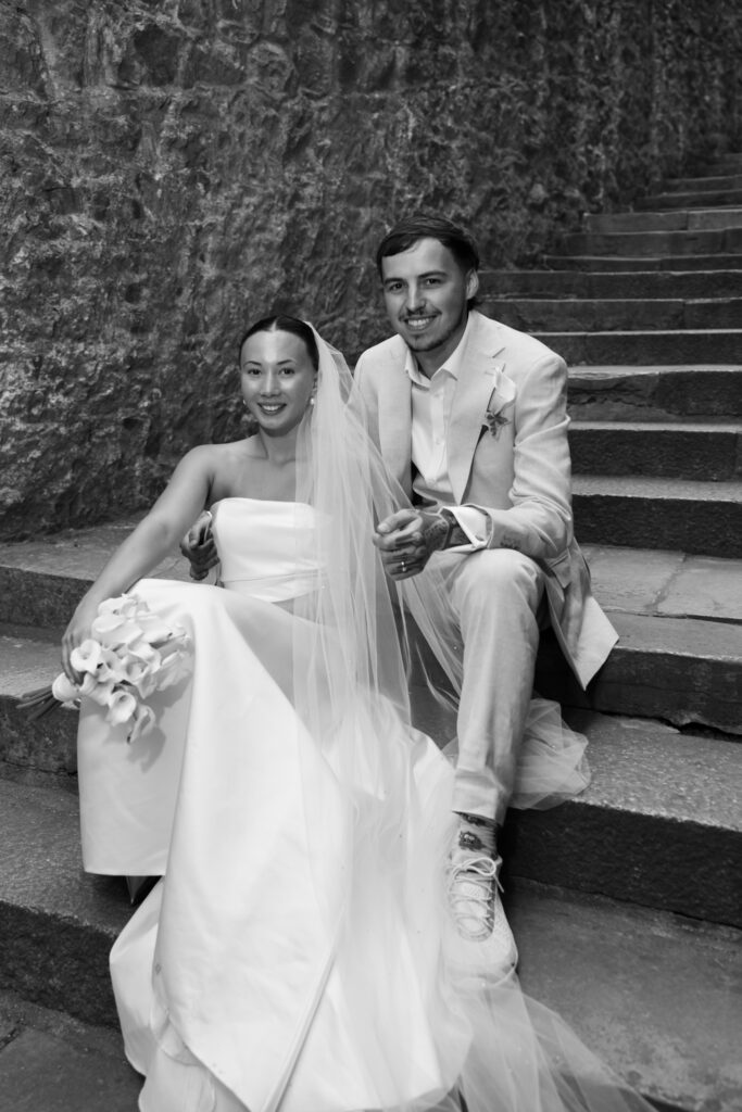 editorial wedding photographer at Gorey castle month Orgueil castle jersey Channel Islands, editorial couple portraits, asian bride from Hong Kong, British groom