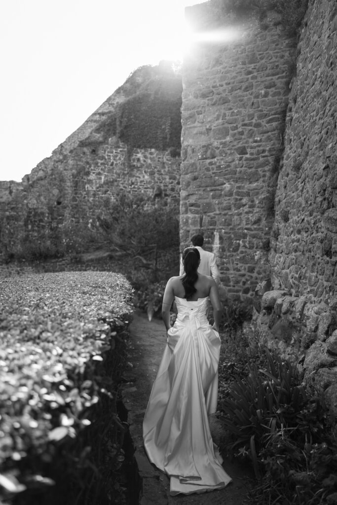 editorial wedding photographer at Gorey castle month Orgueil castle jersey Channel Islands, editorial couple portraits, asian bride from Hong Kong, British groom