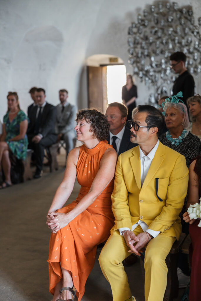 editorial wedding photos at Gorey castle month Orgueil castle jersey Channel Islands, church ceremony