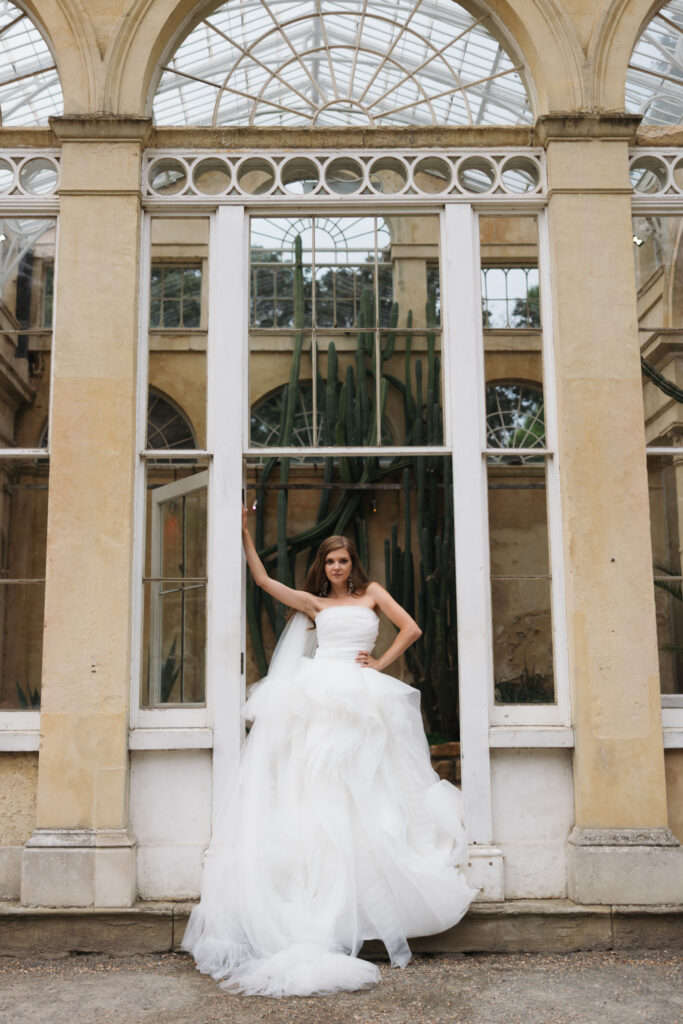 Editorial wedding photography of a young Gen Z fashion forward couple during their Russian luxury wedding at Syon Park Conservatory, London.