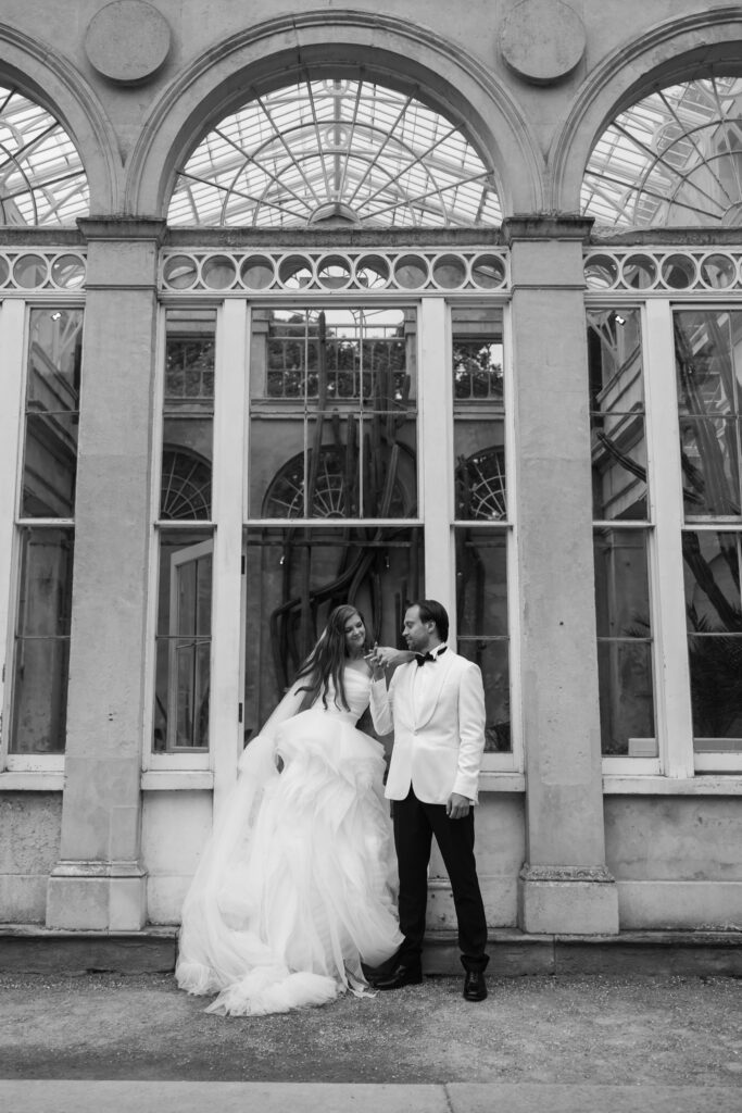 Editorial wedding photography of a young Gen Z fashion forward couple during their Russian luxury wedding at Syon Park Conservatory, London.