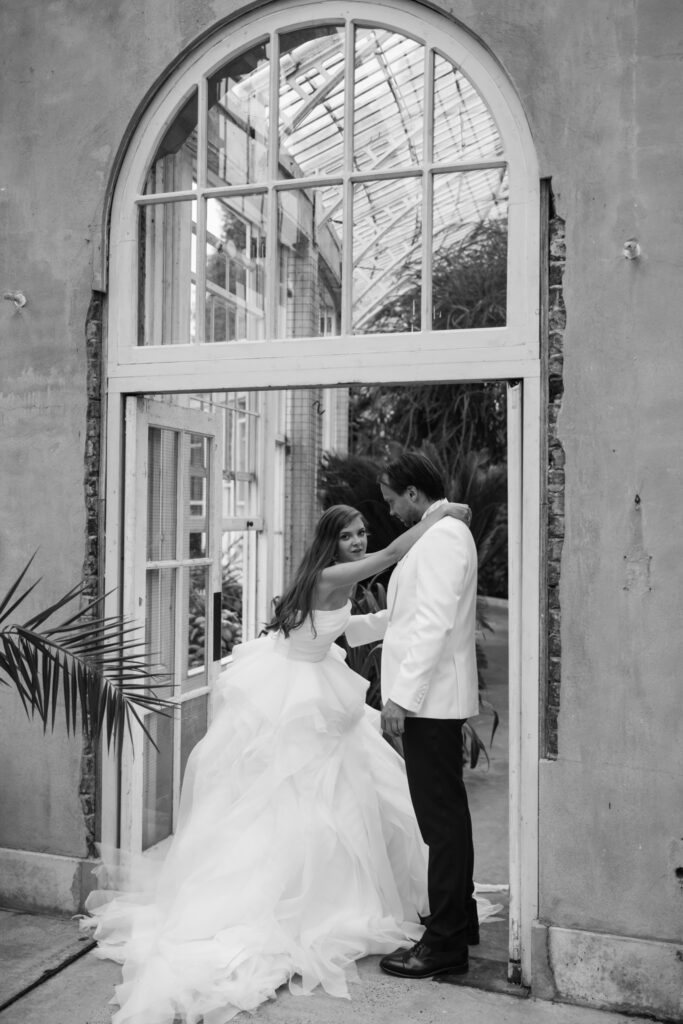 Editorial wedding photography of a young Gen Z fashion forward couple during their Russian luxury wedding at Syon Park Conservatory, London.