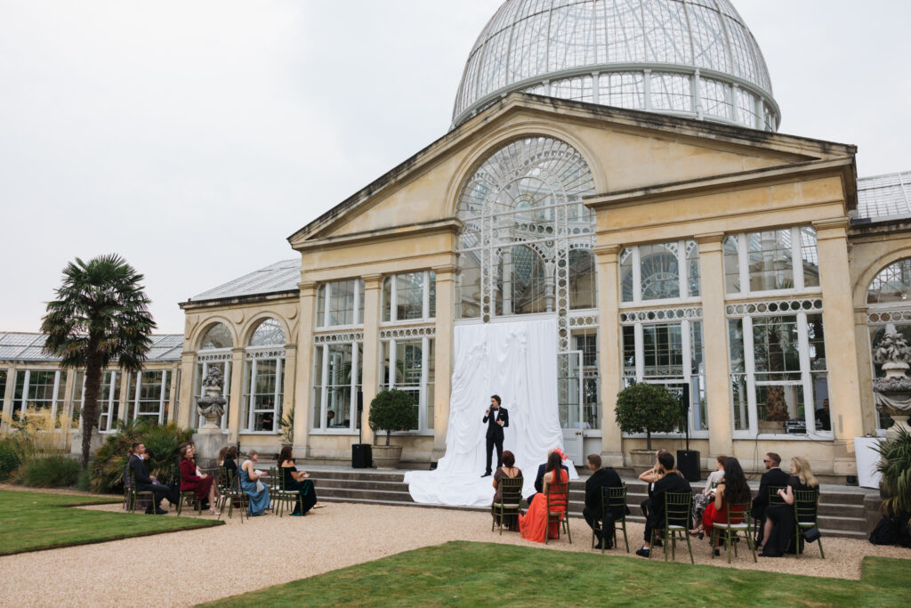 Editorial wedding photography of a young Gen Z fashion forward couple during their Russian luxury wedding at Syon Conservatory, London.