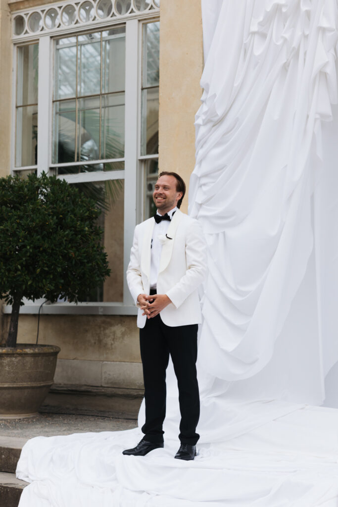 Editorial wedding photography of a young Gen Z fashion forward couple during their Russian luxury wedding at Syon Conservatory, London.