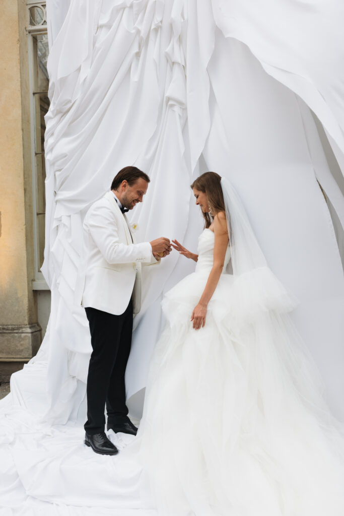 Editorial wedding photography of a young Gen Z fashion forward couple during their Russian luxury wedding at Syon Park Conservatory, London.